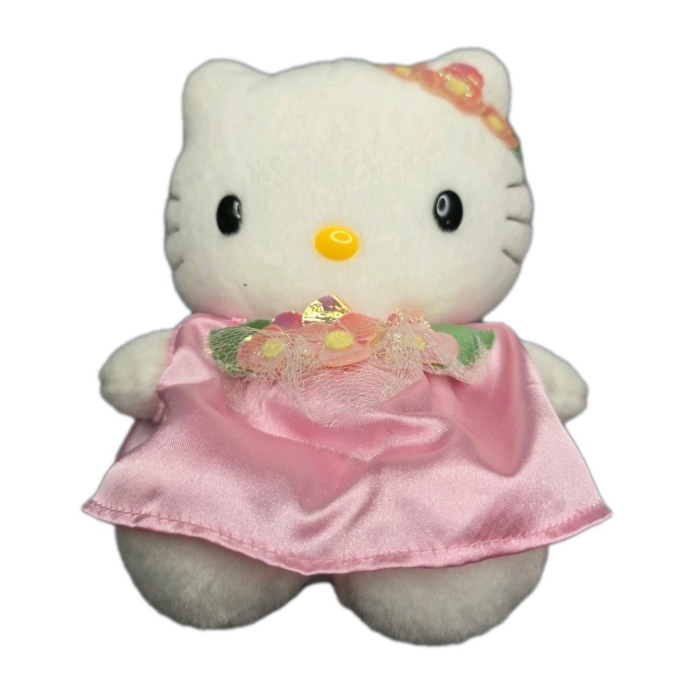 VTG 2002 Nakajima Hello Kitty Sparkly Pink Dress Flower Bow 7in Plush Animal Toy